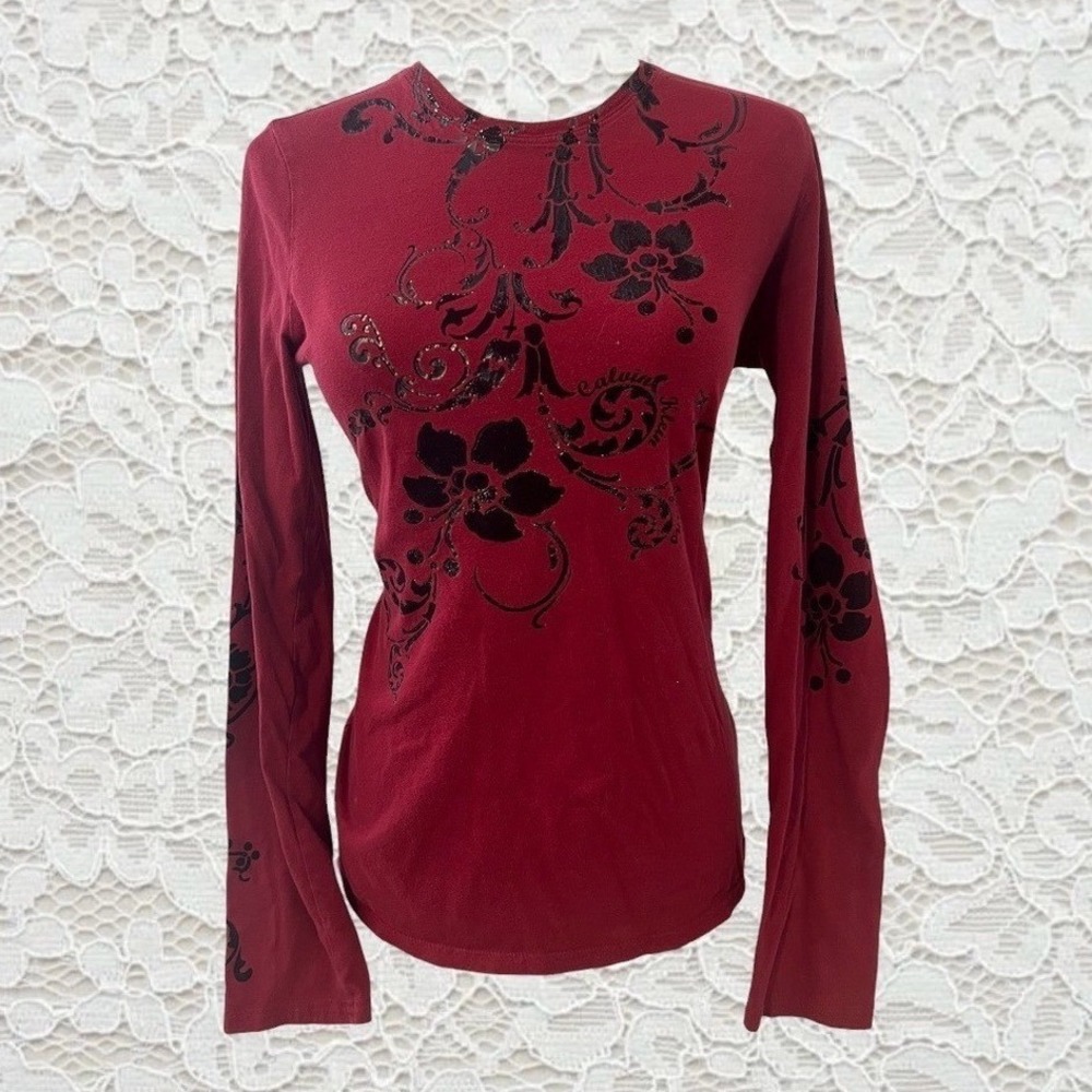 vintage calvin klein red & black all over floral graphic long‎ sleeve fitted top